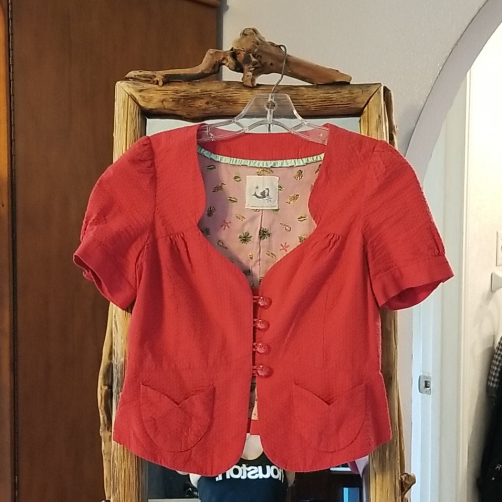 Anthropologie red seersucker jacket top